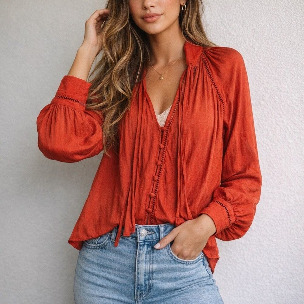 Free People Red Orange Tie Neck Boho Blouse Long Sleeve Sz XS